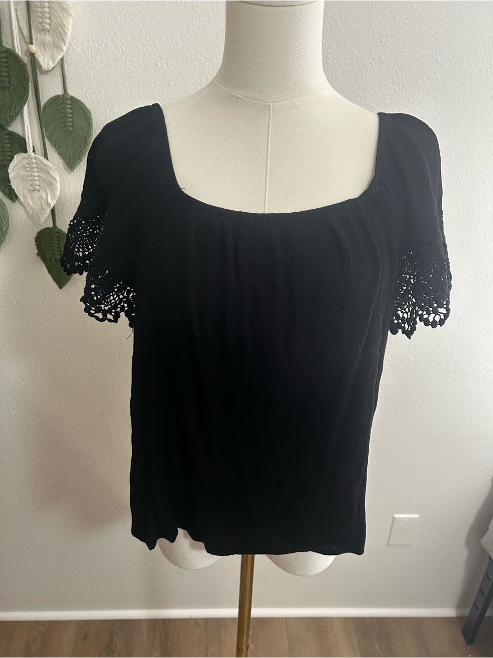 Maurices Black Square Neck Top with Lace Trim Sleeves